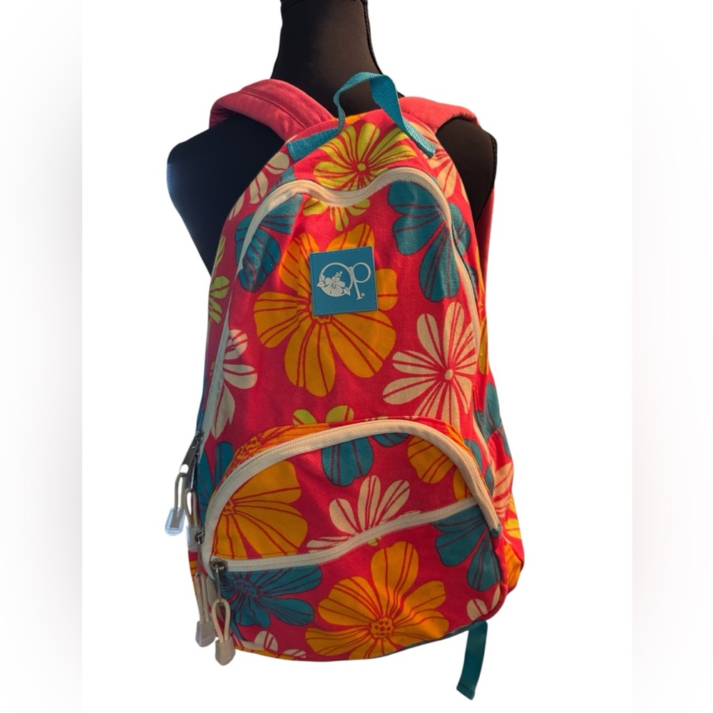 OP Floral Multicolor Fabric BACKPACK with Zippers, lightweight easy to carry.